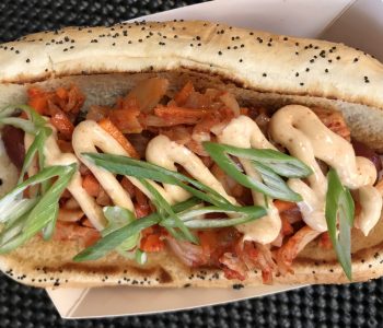 thousand hills all beef dog, house-made kimchi, spicy mayo