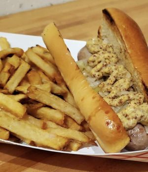 fischer farms brat, sauerkraut, grain mustard​