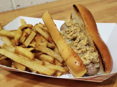 fischer farms brat, sauerkraut, grain mustard​