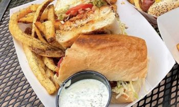 blackened catfish, roasted poblano aioli, tomato, red onion, shredded iceberg, tabasco on a french loaf 