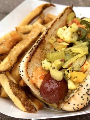Thousand Hills dog, pickled veggies, spicy mayo, grain mustard
