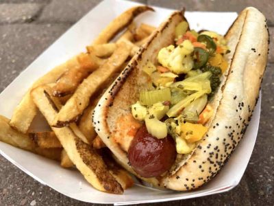 Thousand Hills dog, pickled veggies, spicy mayo, grain mustard