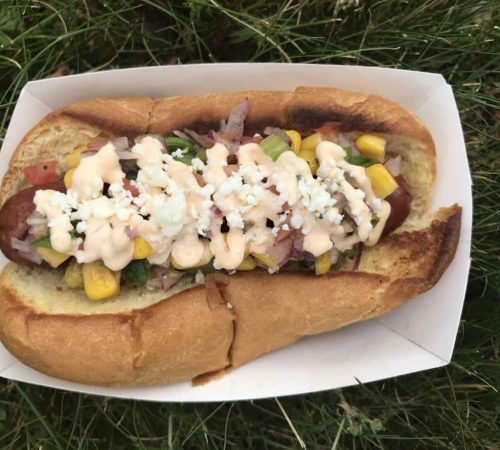 thousand hills all beef dog, pickled corn relish, spicy mayo, cotija